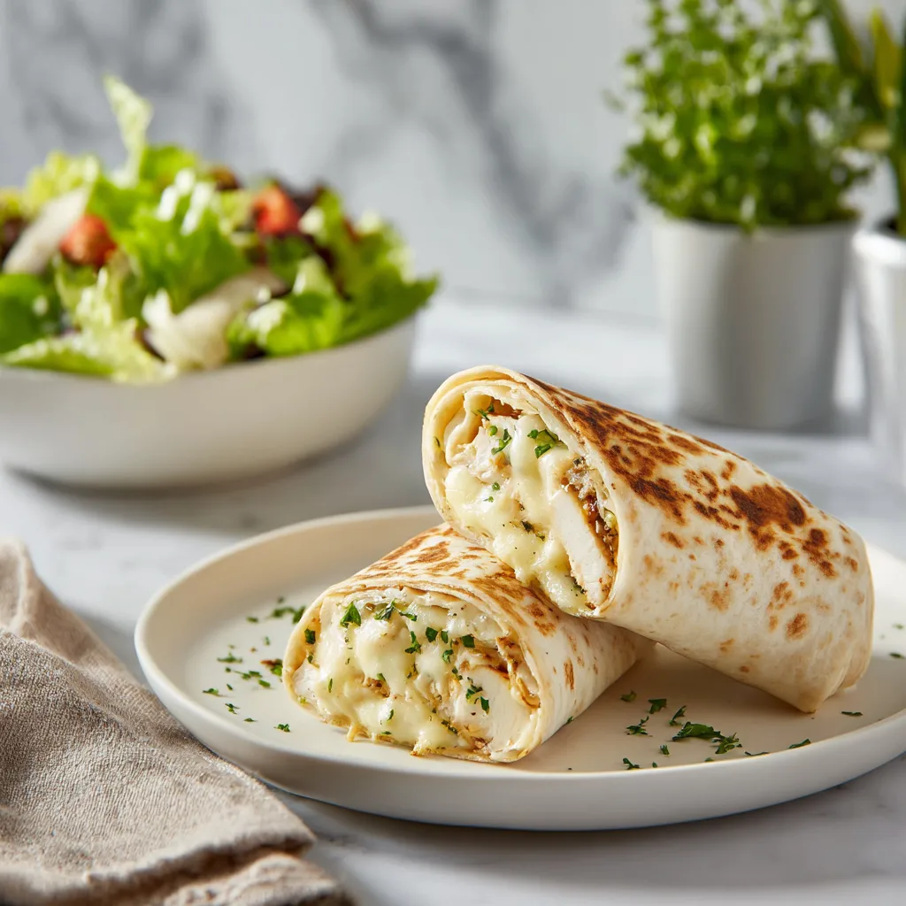 Served cheesy garlic chicken wraps on a plate