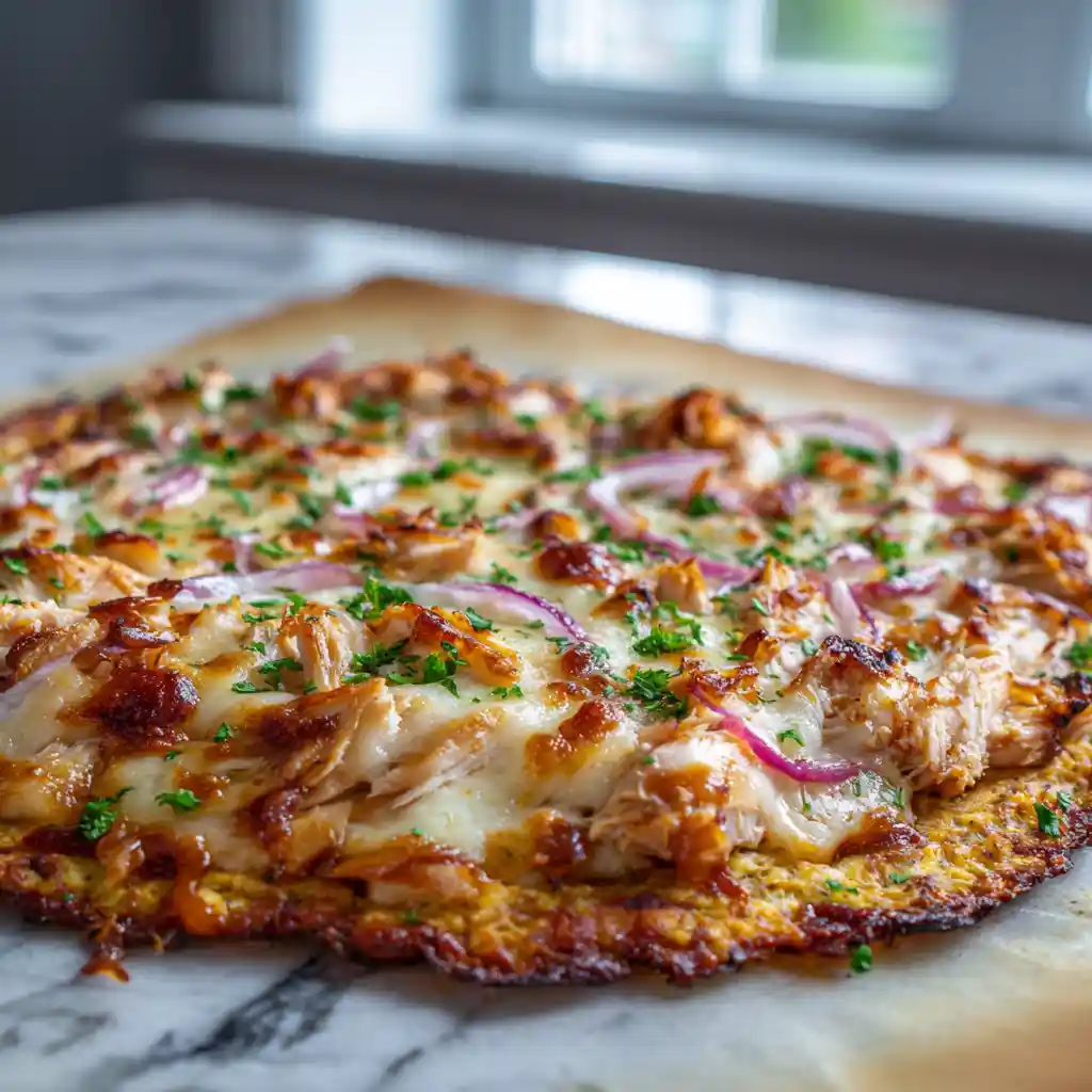 BBQ Chicken Pizza on Cauliflower Crust baking in the oven