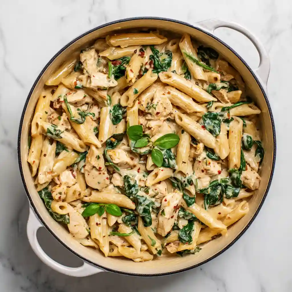 Creamy tempered sauce fully incorporated into Weight Watchers Tuscan Chicken Pasta