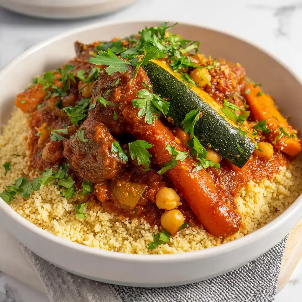 Traditional family-style serving of authentic Moroccan couscous with lamb vegetables and fresh herbs on white plate