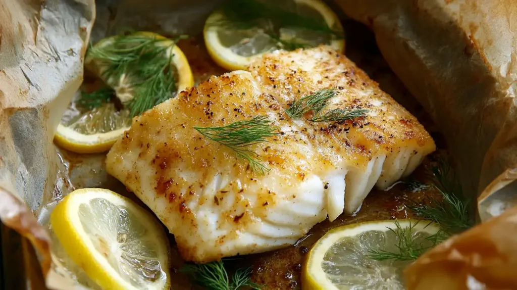 Baked cod wrapped in parchment paper with lemon slices and dill inside.
