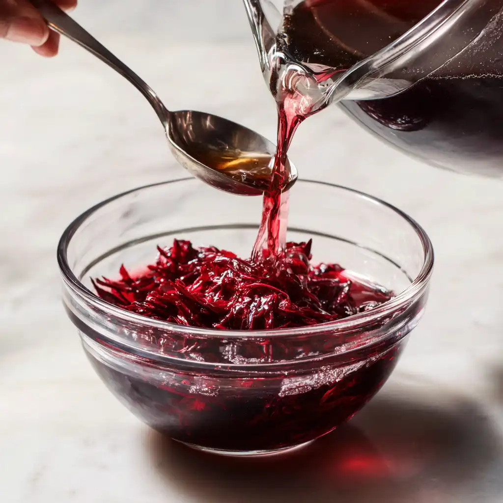 Step 3 – straining and sweetening for the family sorrel drink recipe: warm red sorrel mixture poured through a fine strainer and blended with brown sugar syrup on a white marble counter under natural light.