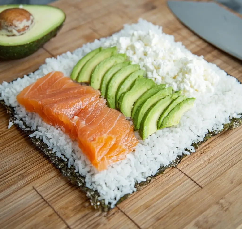 Salmon, avocado, and cream cheese as fillings for homemade sushi