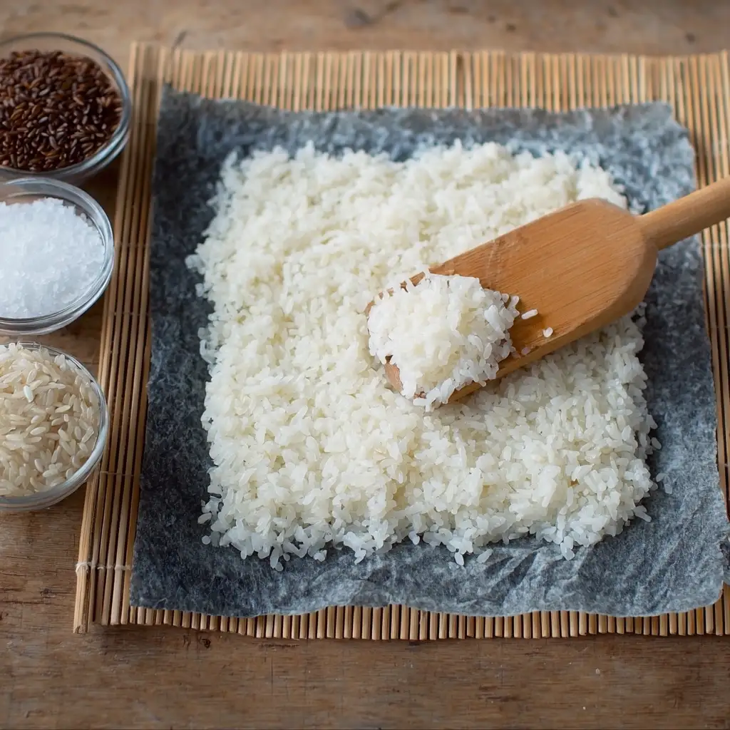 Sushi rice evenly spread on nori for homemade sushi rolls