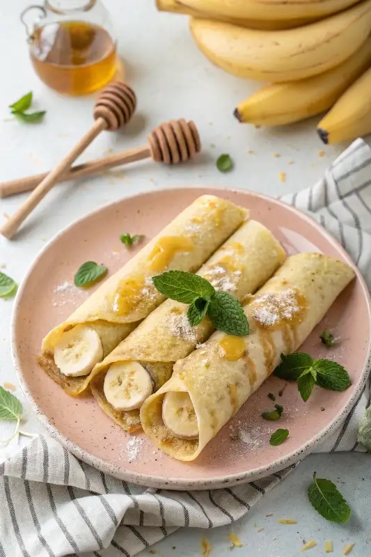 Rolled Bavarian Crepes with banana and honey on white plate