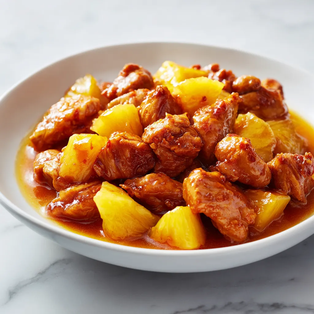 Sweet Hawaiian crockpot chicken with tender chicken pieces, pineapple chunks, and a rich sweet-savory sauce on a marble countertop