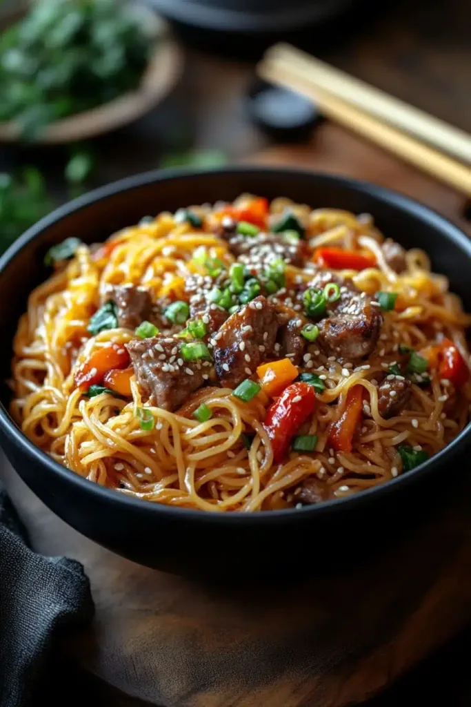 A delicious side dish of roasted vegetables paired with a steaming bowl of lo mein