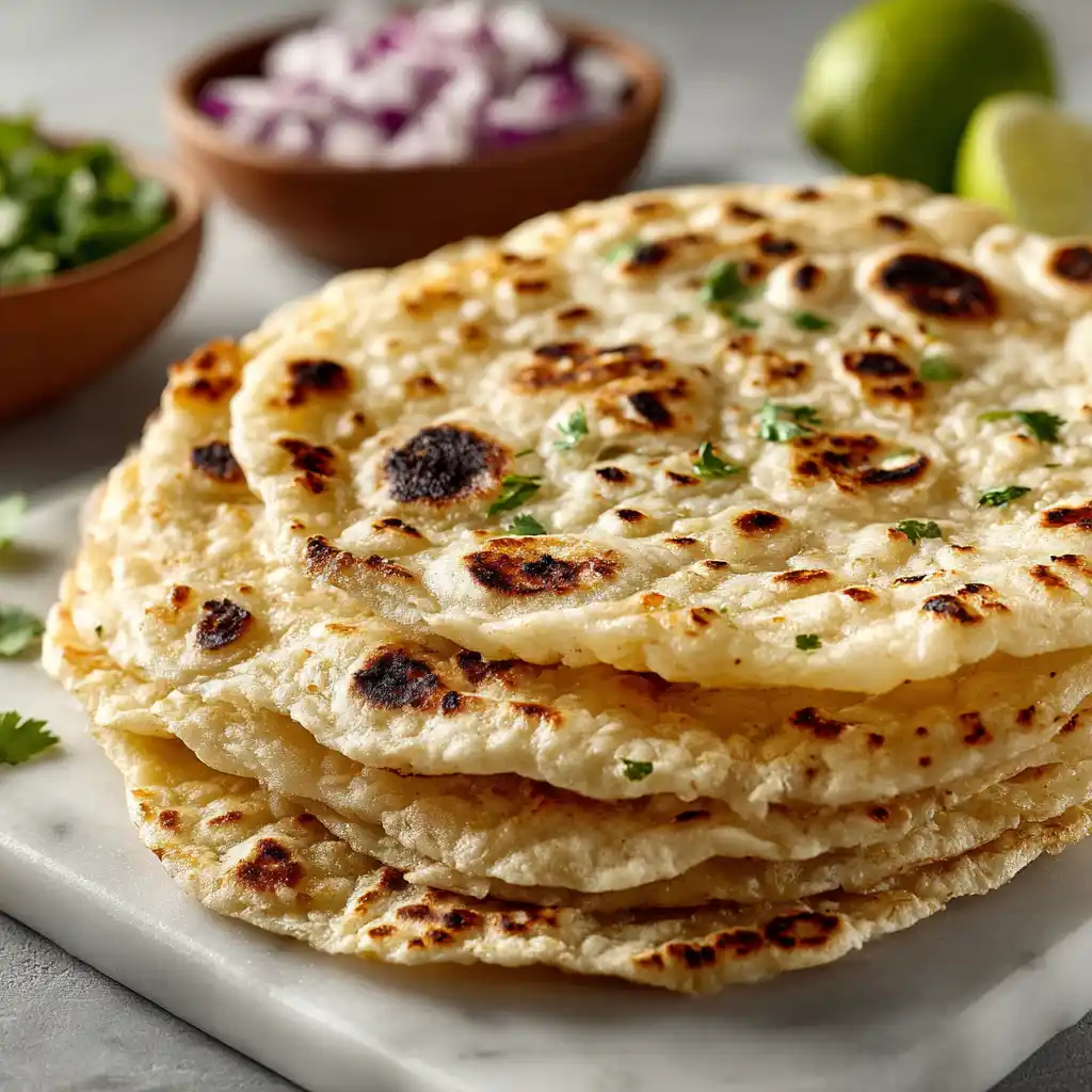 Double stacked soft corn tortillas for traditional Mexican tacos on white marble surface
