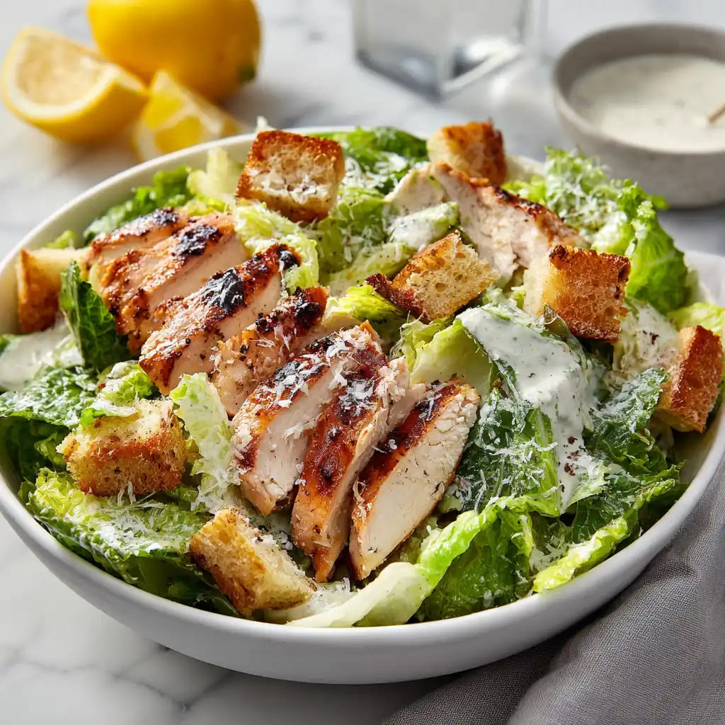 Chicken Caesar salad with grilled chicken, crisp romaine, creamy dressing, and golden croutons on a white marble countertop
