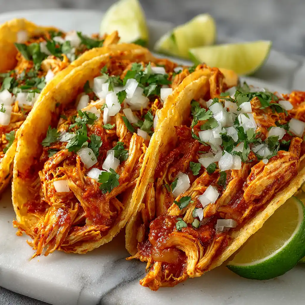 Traditional Mexican tacos tinga with shredded chicken in smoky orange chipotle sauce