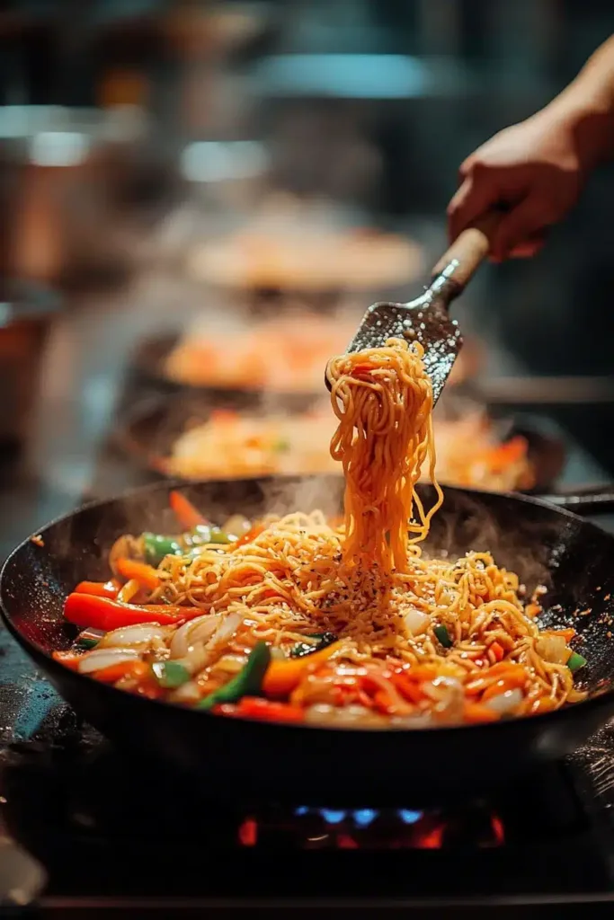 A chef tossing fresh vegetables and noodles on a griddle, creating a sizzling stir-fry