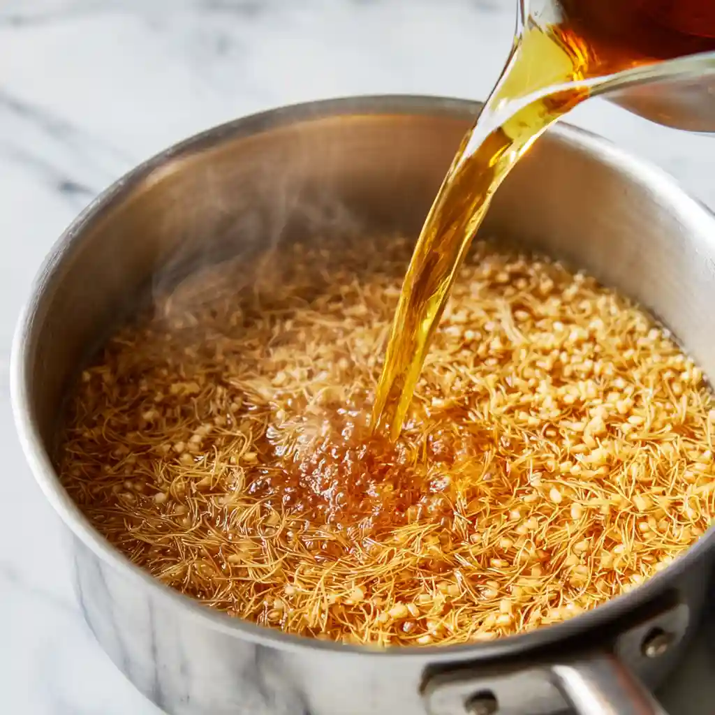 Turkish Bulgur Pilaf step 3 with a thin stream of hot broth entering a pan of mixed bulgur and golden toasted vermicelli, no hands