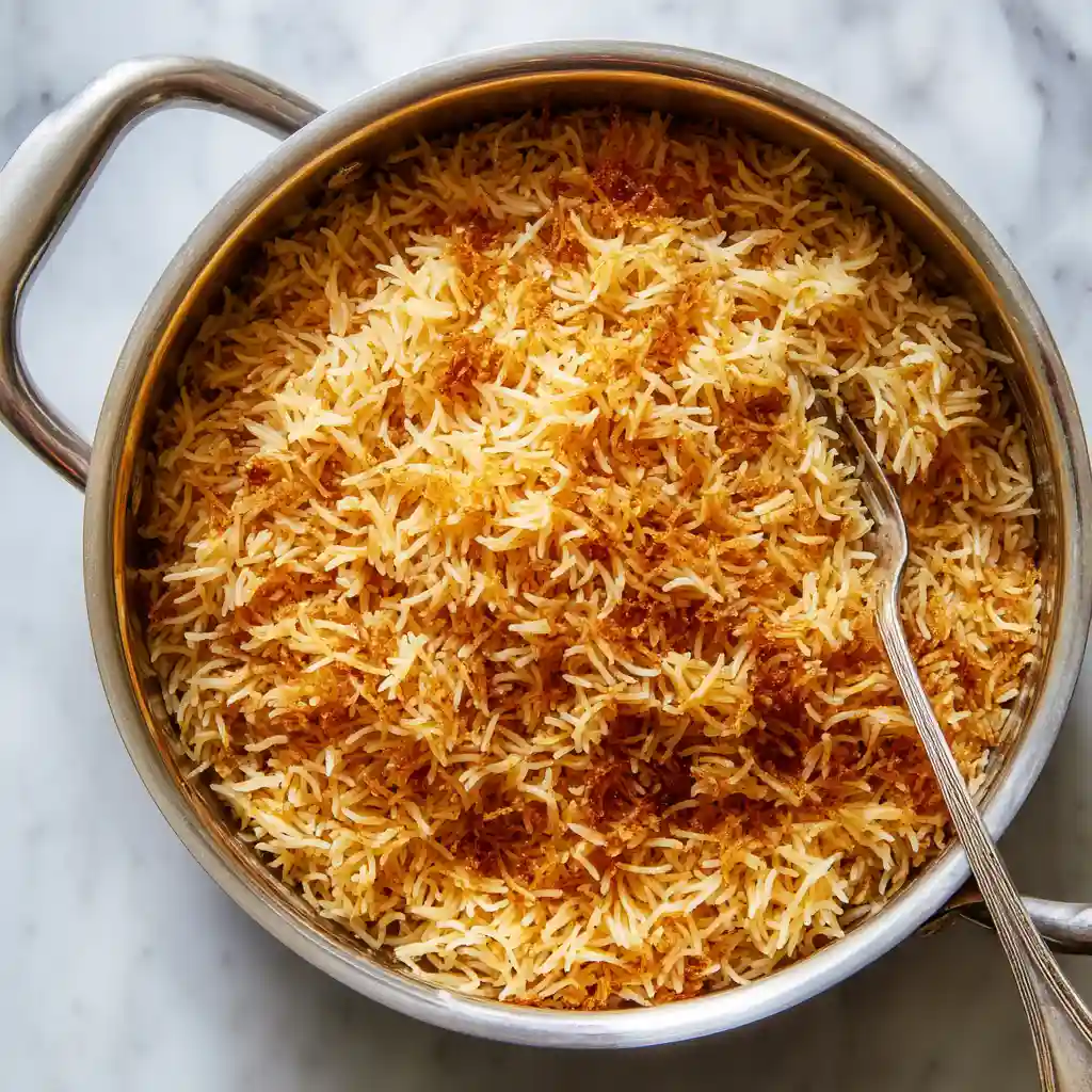 Turkish Bulgur Pilaf – Fluffing & Kazandibi (Step 7) Fluffy Turkish Bulgur Pilaf showing visible golden vermicelli strands mixed with bulgur and a subtle golden crispy bottom