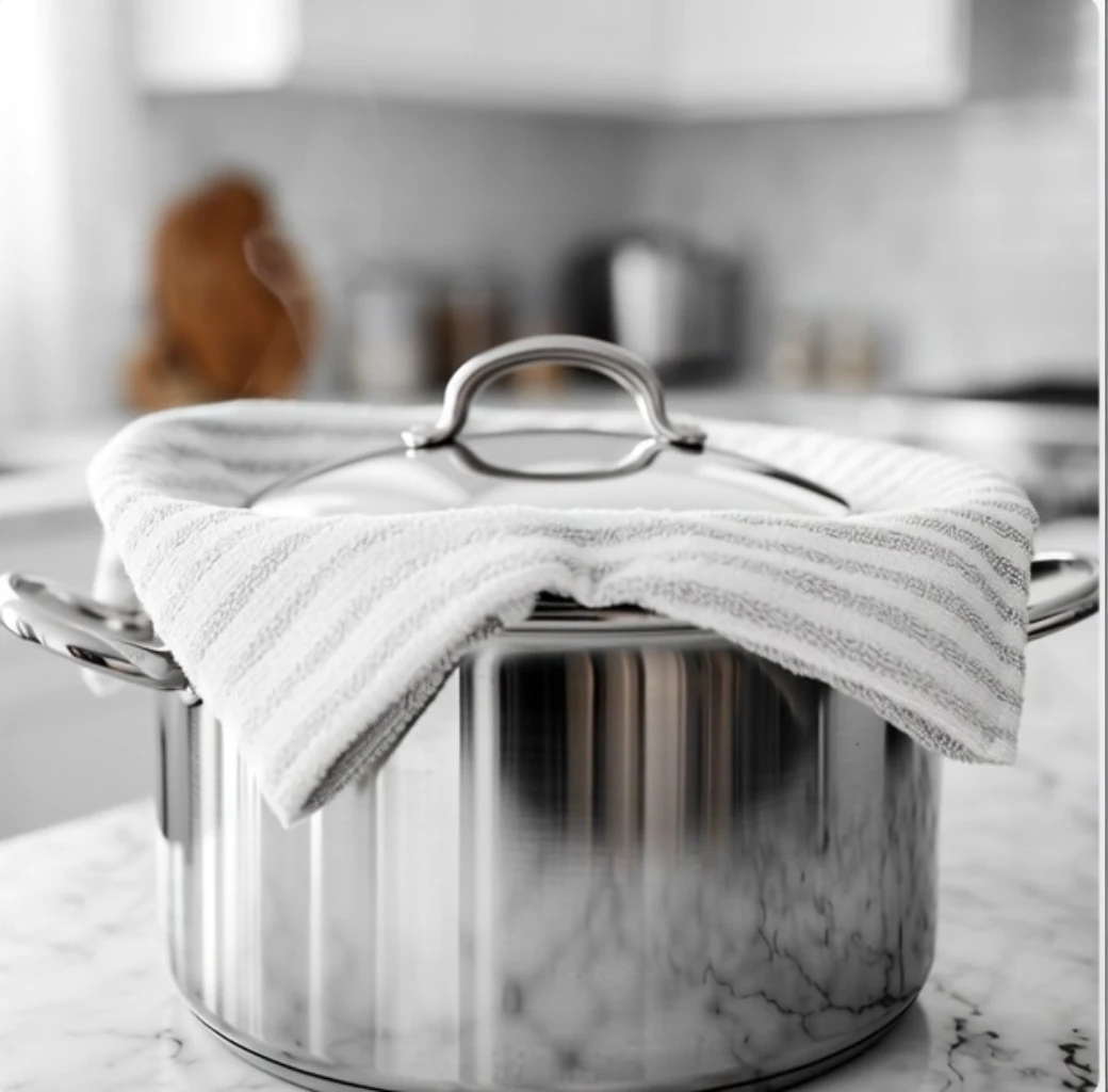 Turkish Bulgur Pilaf step 6 showing the pot resting off heat with towel under the lid for a 10-minute rest