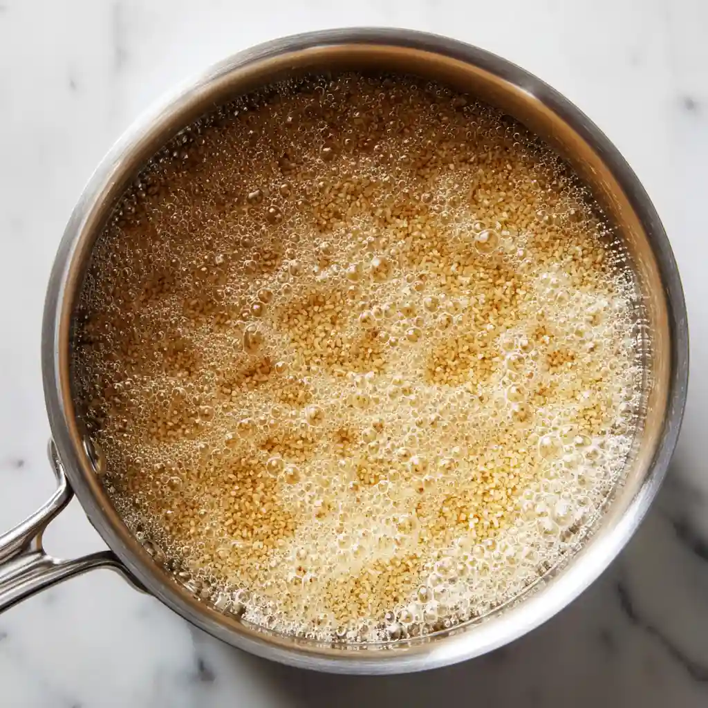Turkish Bulgur Pilaf step 4 showing a pan at a vigorous rolling boil with bulgur and toasted vermicelli, lid off