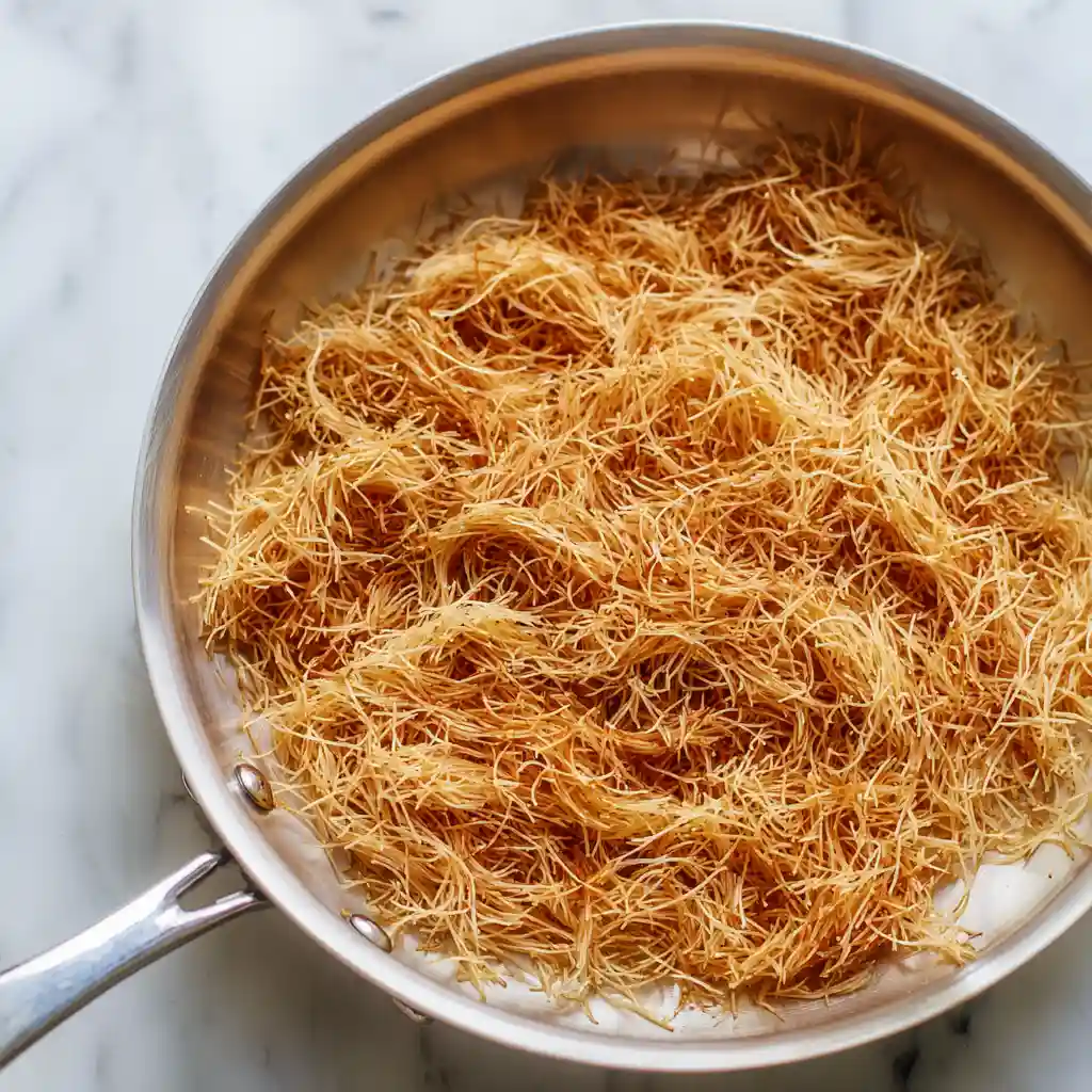 Turkish Bulgur Pilaf step 1 showing thin vermicelli toasted to a deep golden brown in a stainless-steel pan on a white marble countertop