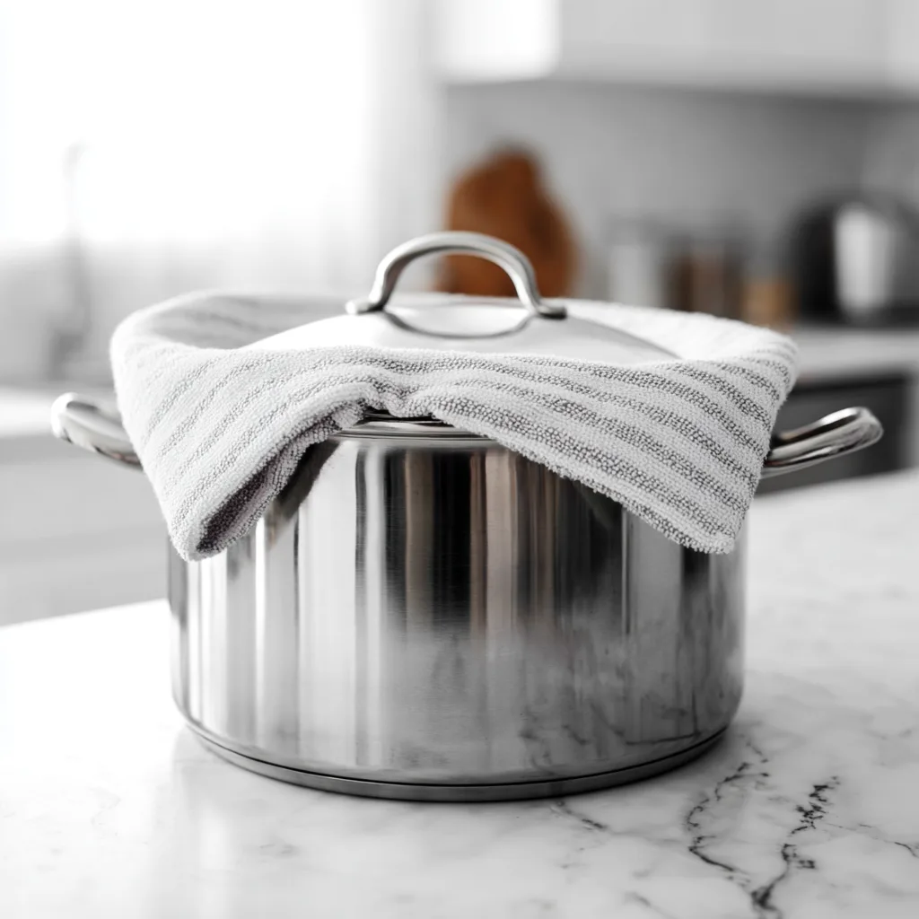 Turkish Bulgur Pilaf step 5 showing a pot with a clean towel under the lid, edges folded away from heat