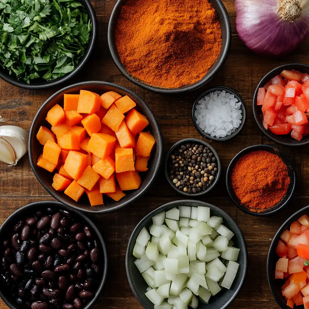 Fresh sweet potatoes, black beans, diced tomatoes, onions and spices arranged on white marble counter for vegan chili recipe