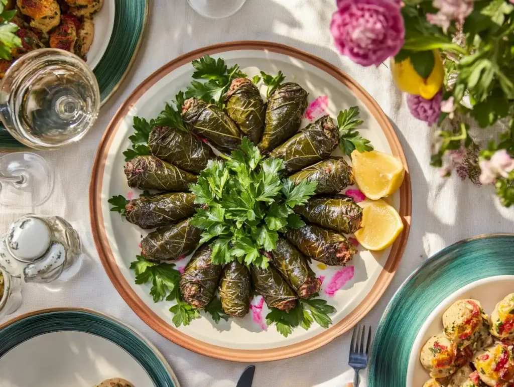 Stuffed grape leaves served on a plate with a lemon wedge garnish.Lebanese Lunch Recipes