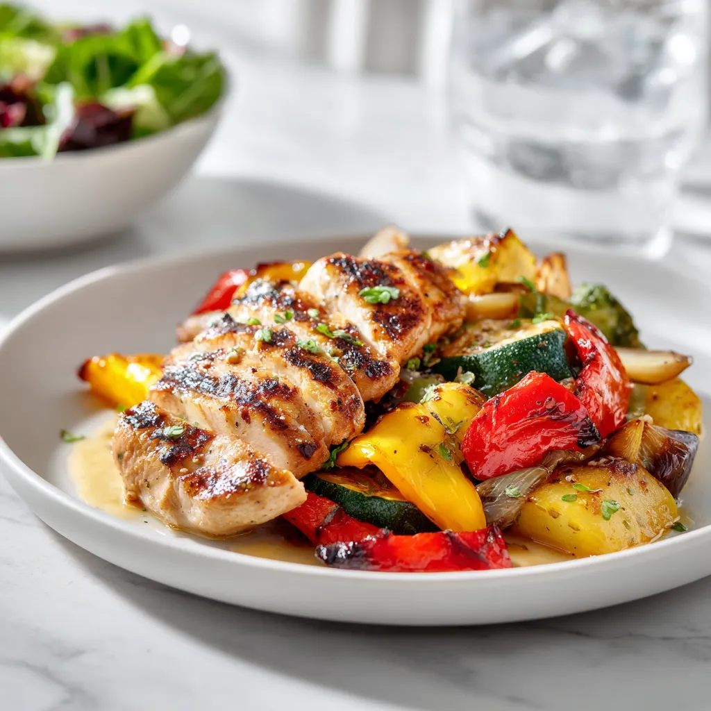 Weight Watchers chicken recipe with lean chicken, fresh vegetables, and light sauce on a white marble countertop