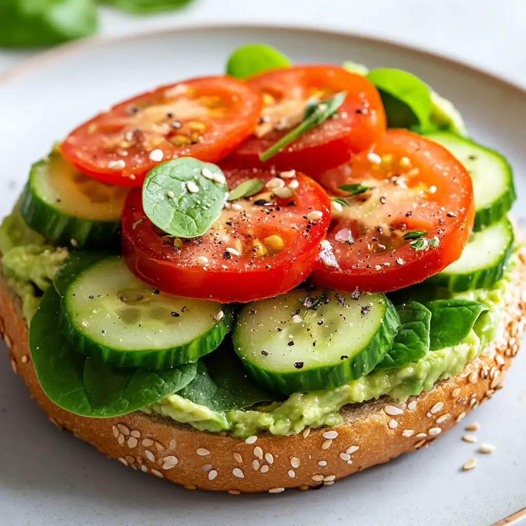 Whole grain bagel topped with mashed avocado, sliced tomatoes, cucumbers and fresh spinach on white marble counter