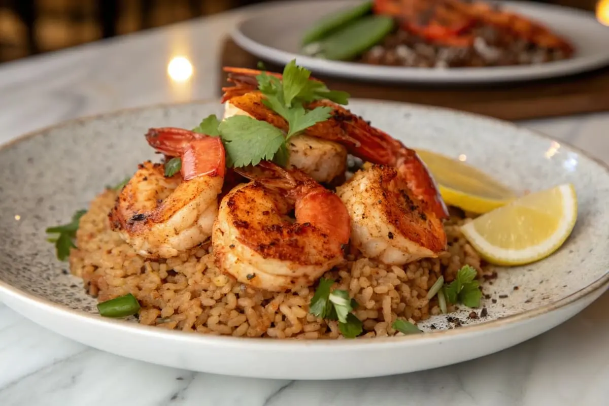 Cajun grilled shrimp served on a bed of fluffy brown rice with fresh cilantro garnish