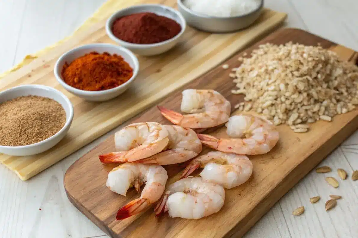A wooden board with fresh shrimp, spices, and brown rice ready for cooking