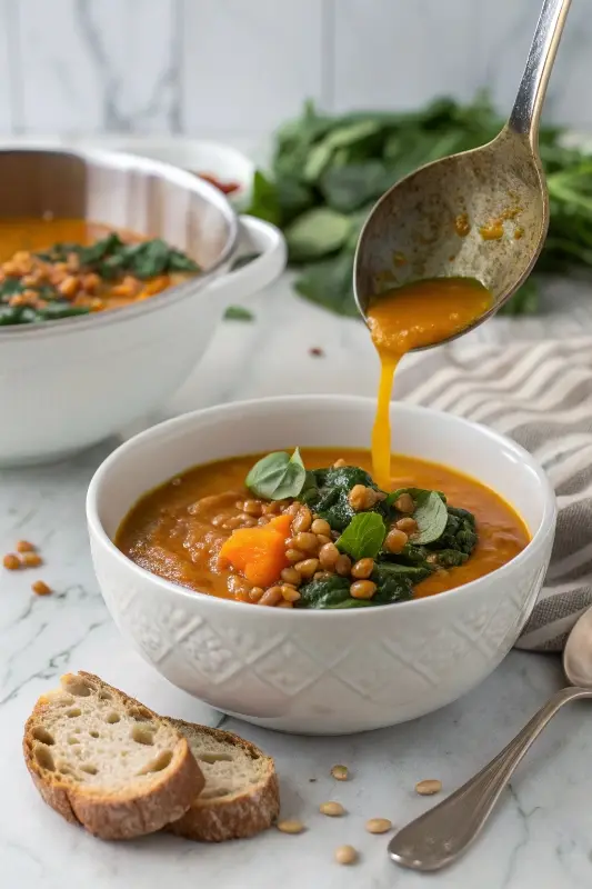 Serving vegetarian sweet potato and lentil soup