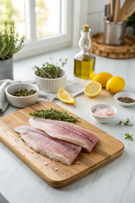 Raw ingredients for California Corbina recipe on marble kitchen countertop with herbs and lemon