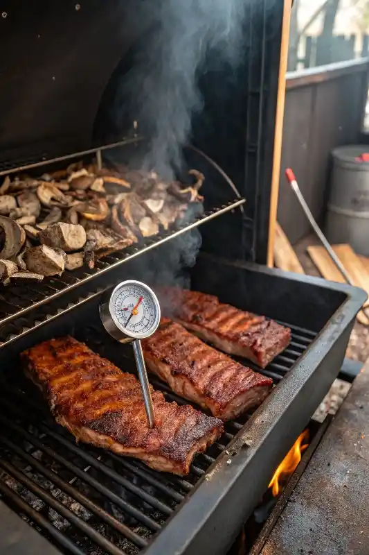 Beef Back Ribs Cooking in Smoker with Wood Chips