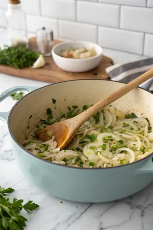 Sautéing soup ingredients for vegetarian soup recipe ideas