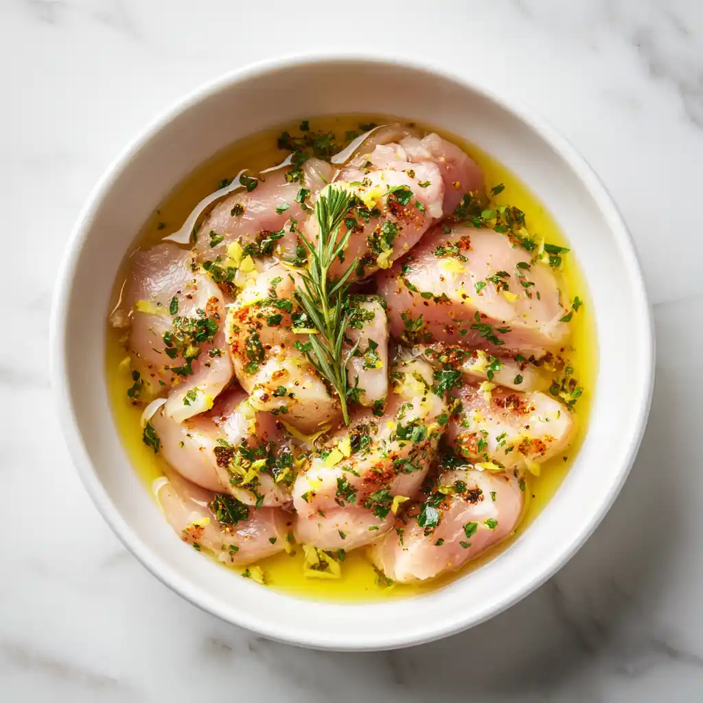 Chicken marinated for Greek Gyro Bowls with Tzatziki Sauce