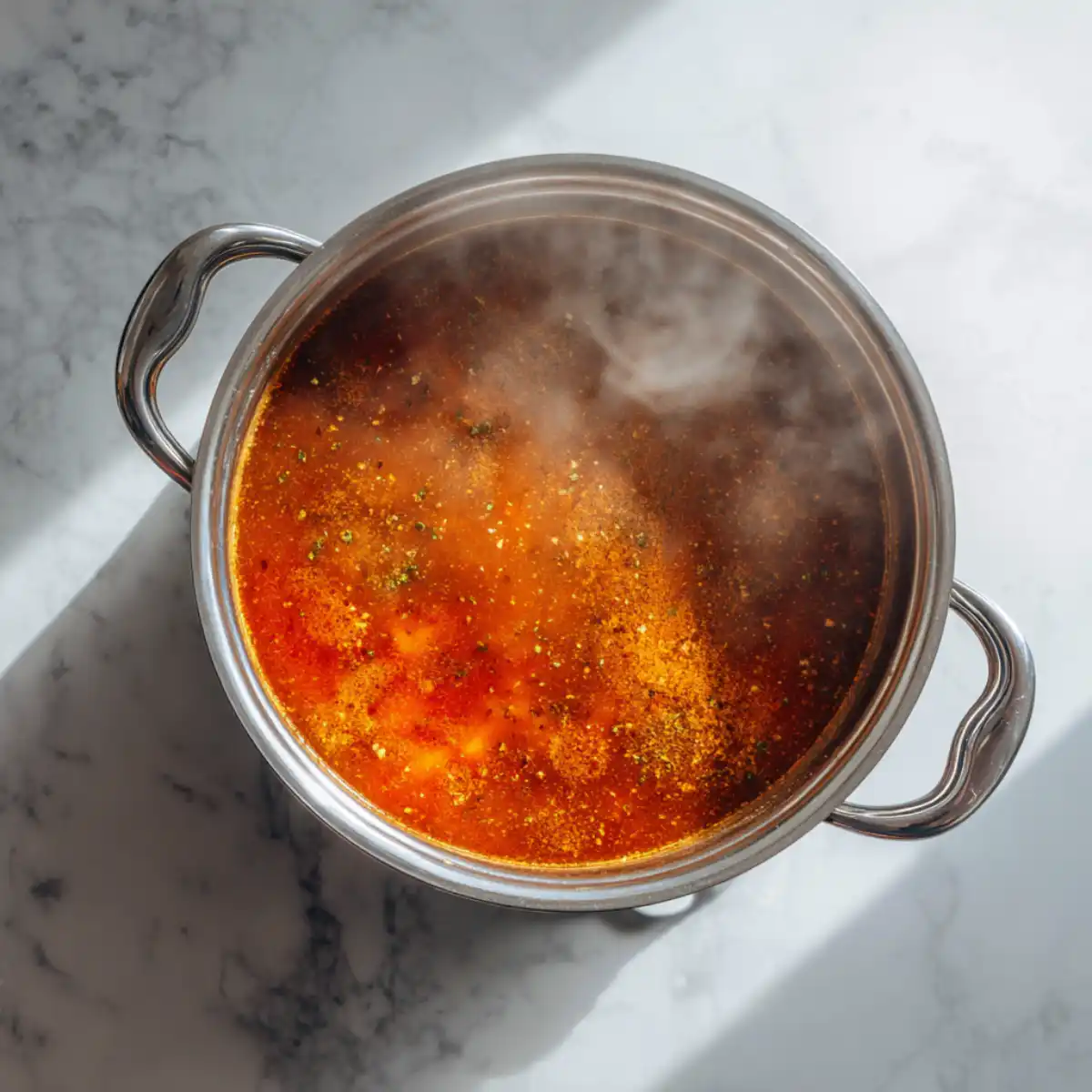 Tomato broth simmering for Chicken Tortilla Soup