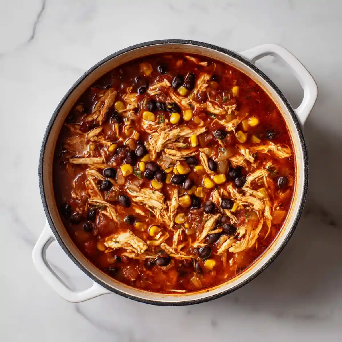 Shredded chicken, beans, and corn simmering in Chicken Tortilla Soup