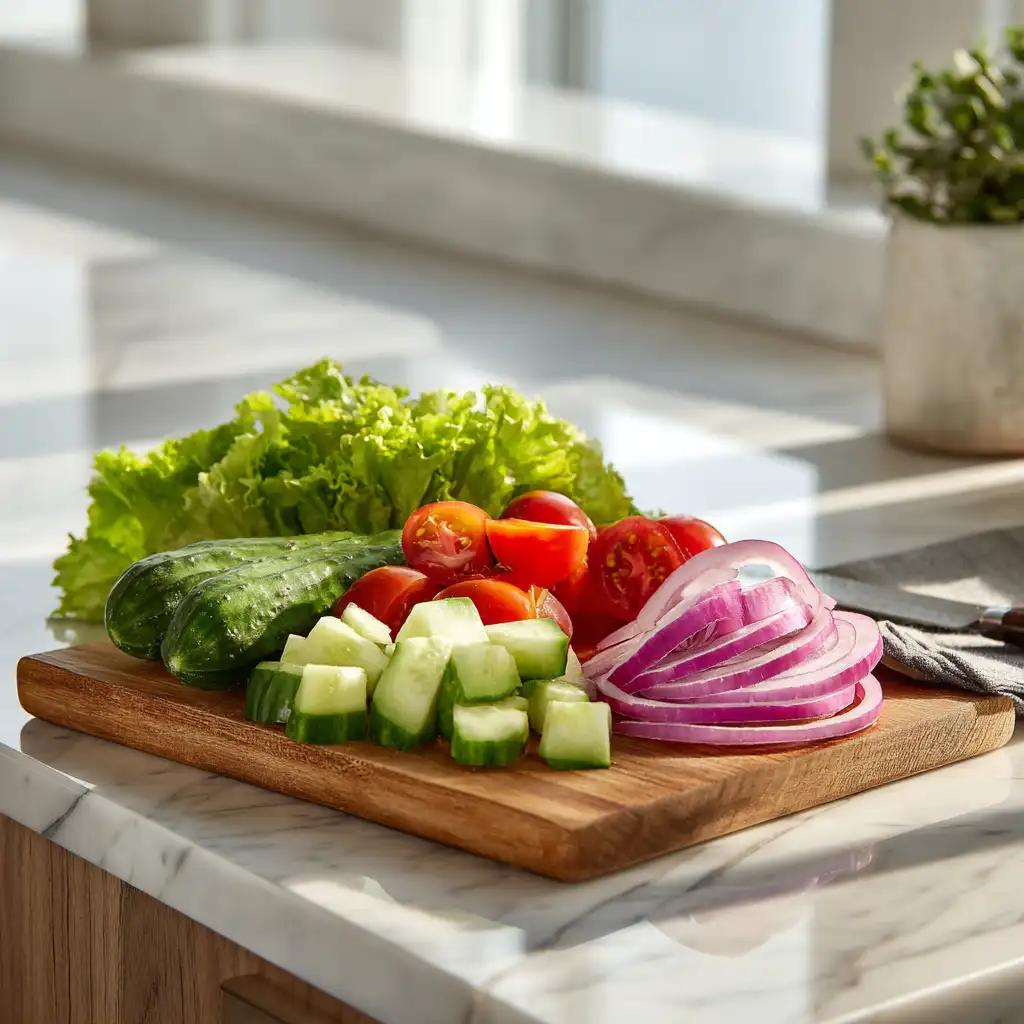 Fresh chopped vegetables for Greek Gyro Bowls with Tzatziki Sauce