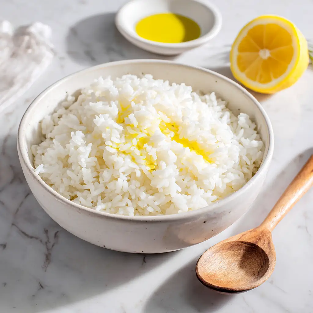 Cooked rice for Greek Gyro Bowls with Tzatziki Sauce