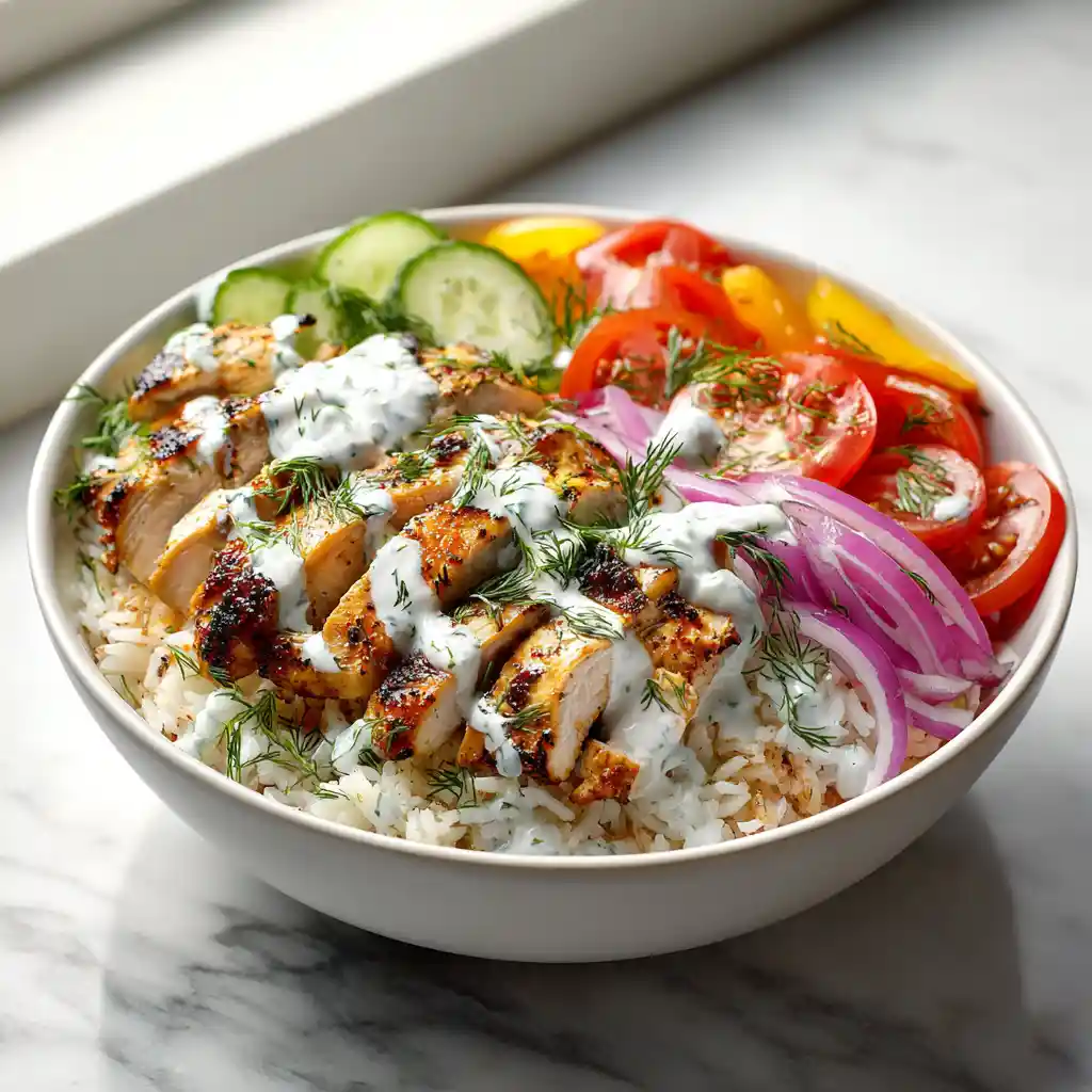 Assembled Greek Gyro Bowls with Tzatziki Sauce