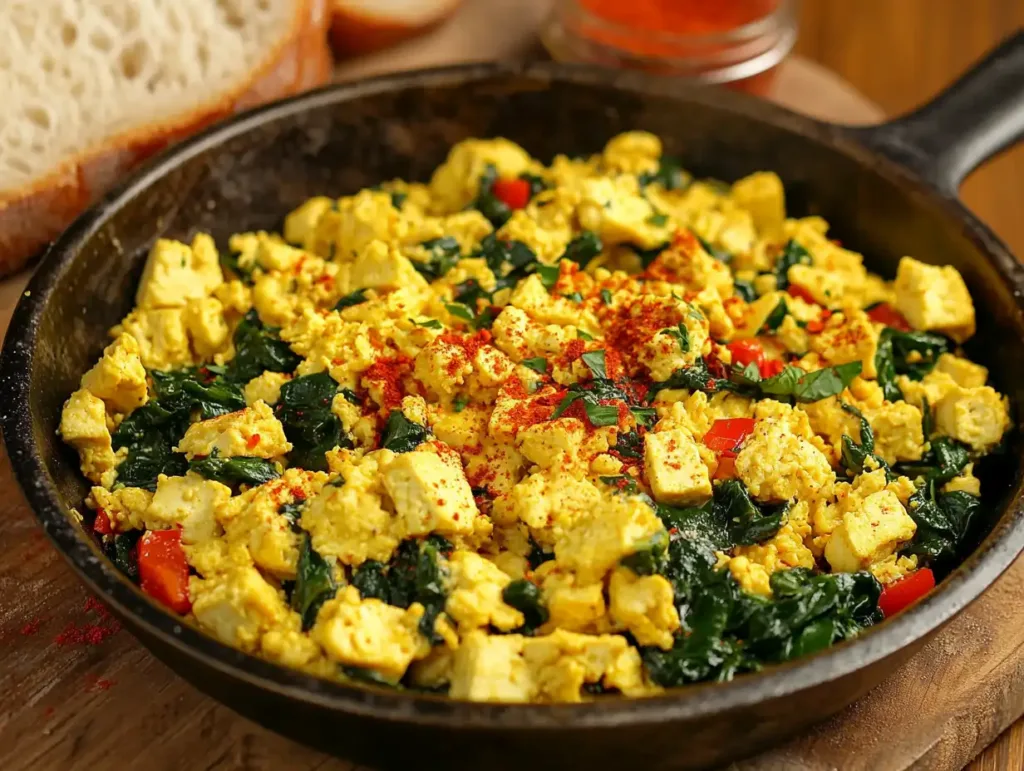Rustic skillet with golden tofu scramble, bell peppers, spinach and spices on white marble counter
