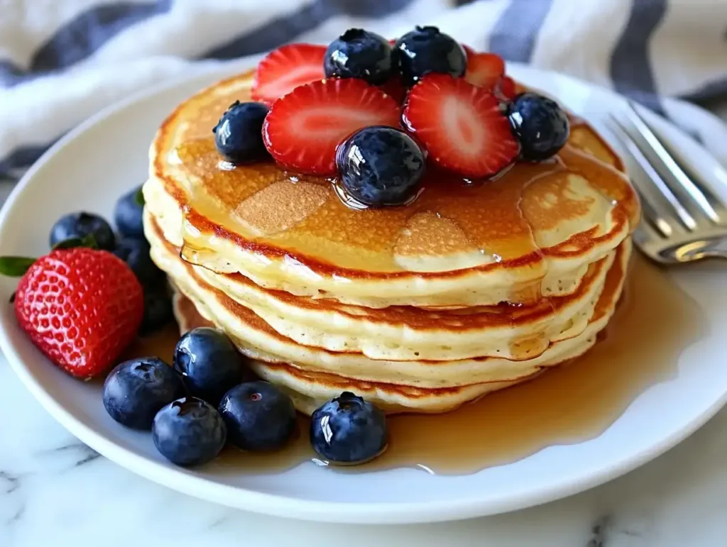 Stack of fluffy golden-brown vegan pancakes topped with fresh berries and drizzled maple syrup on white marble counter