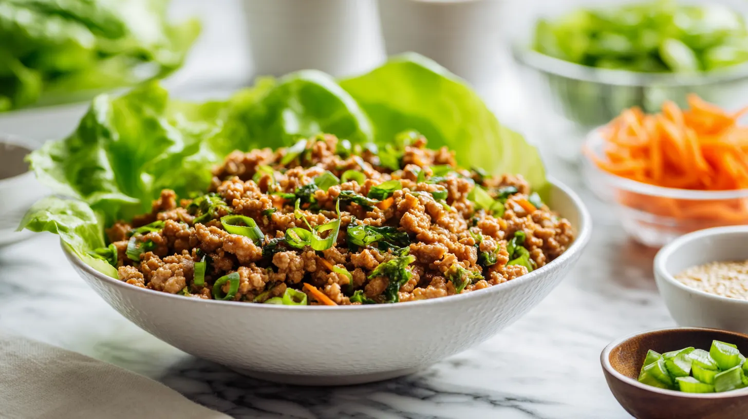 Asian-style seasoned ground turkey in white bowl with fresh lettuce leaves and toppings for meal prep lunch