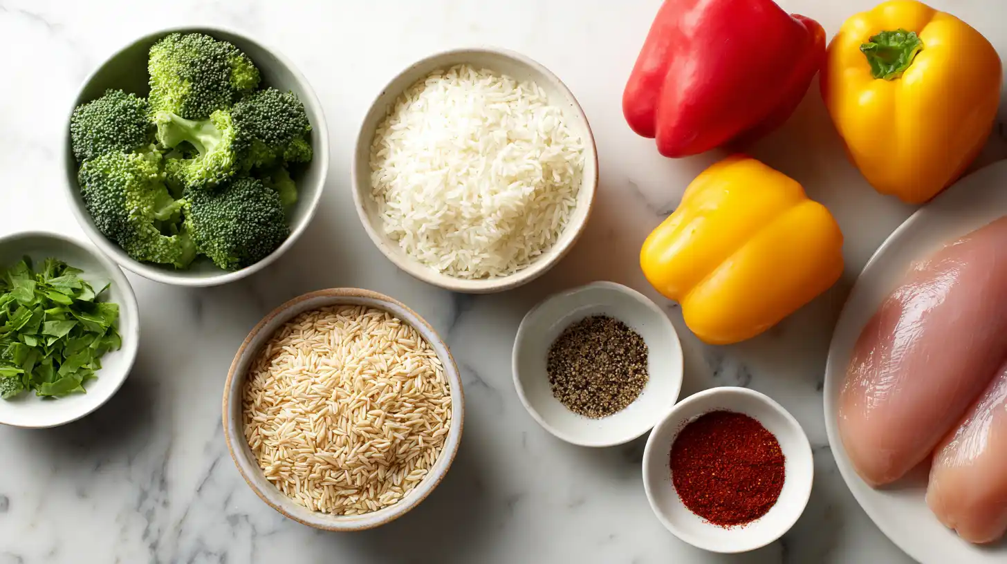 Fresh ingredients for beginner meal prep, including chicken, vegetables, and rice on white counter