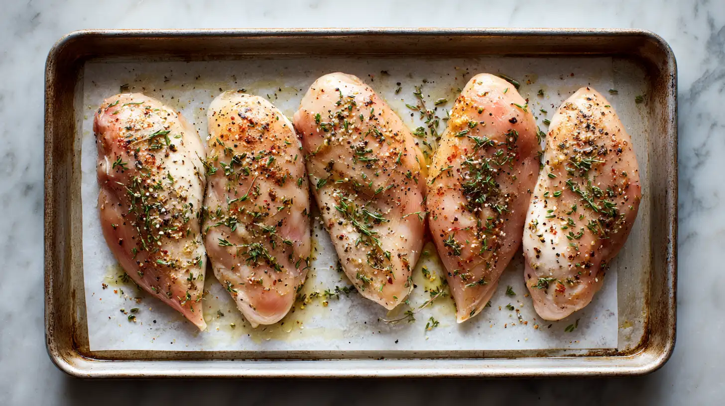Baking sheet with multiple chicken breasts seasoned and ready for oven