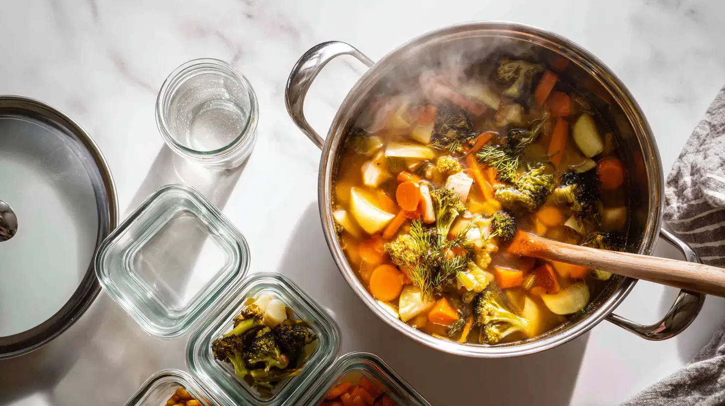 Large pot of soup on stove with ladle and multiple containers ready for portioning