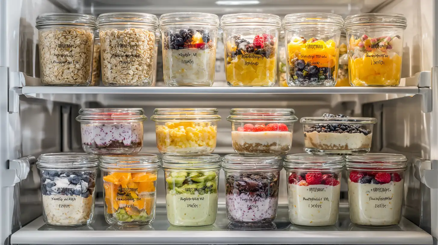 Organized refrigerator shelf with breakfast meal prep containers labeled and stacked
