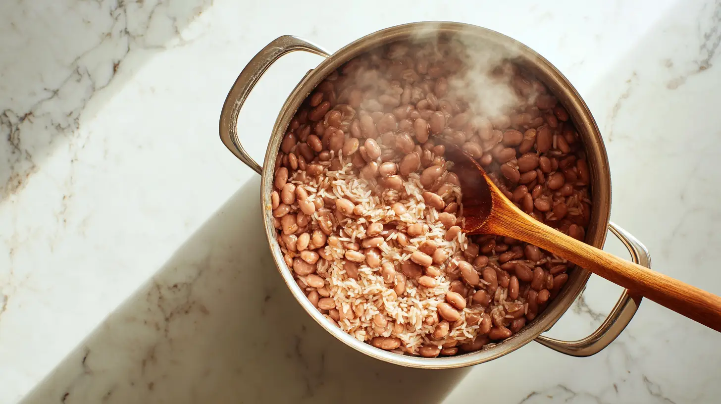 Large pot of beans and rice with wooden spoon, budget-friendly meal prep