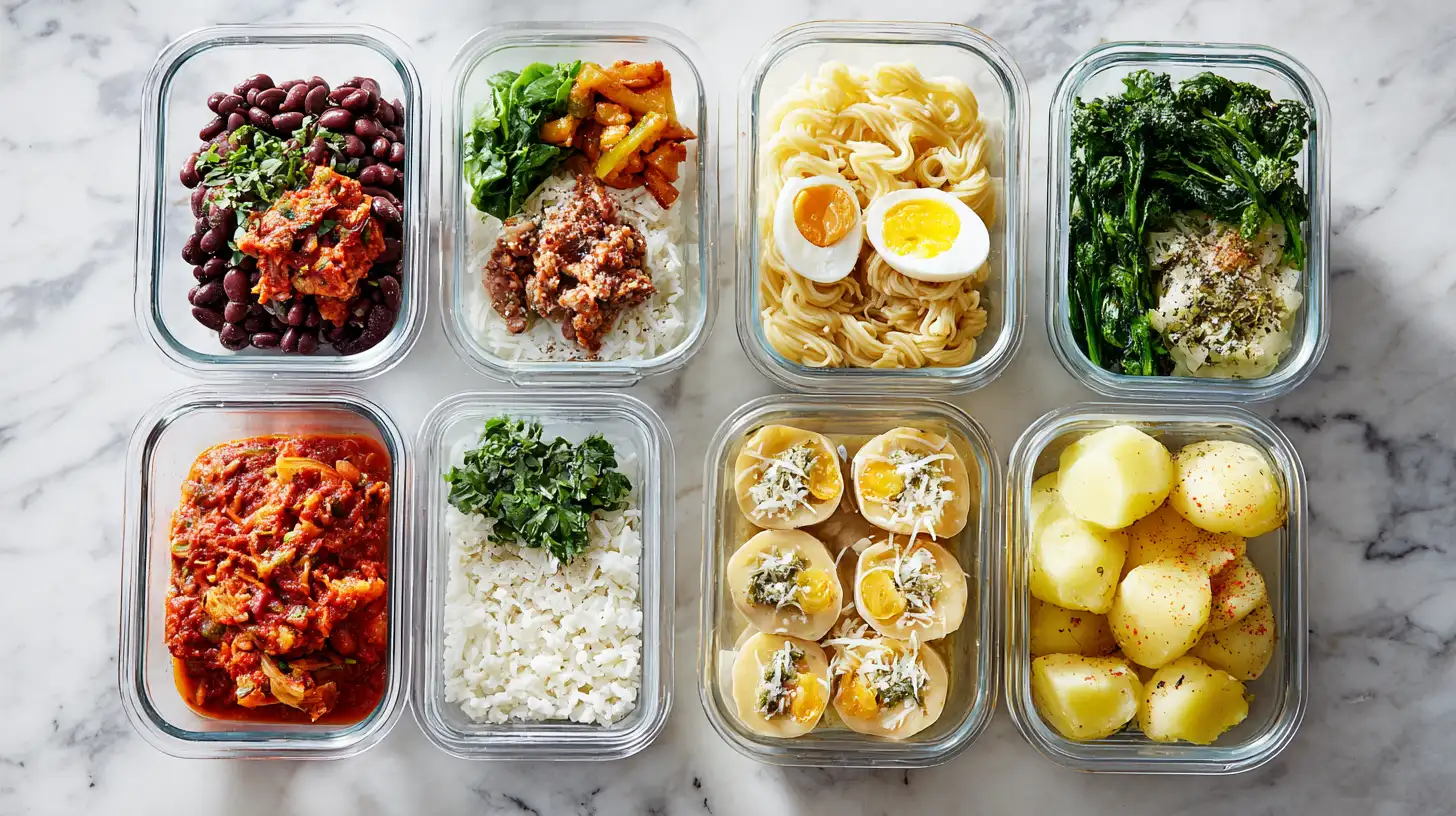 Meal prep containers with portioned budget meals, rice bowls and pasta