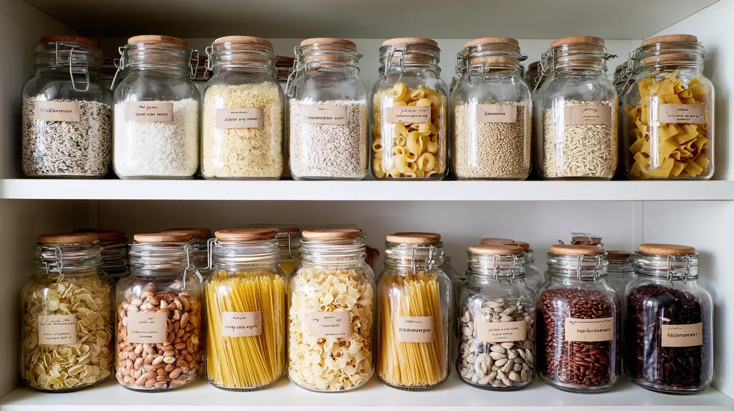 Pantry shelf organized with budget staples, jars of rice, beans, pasta, canned goods