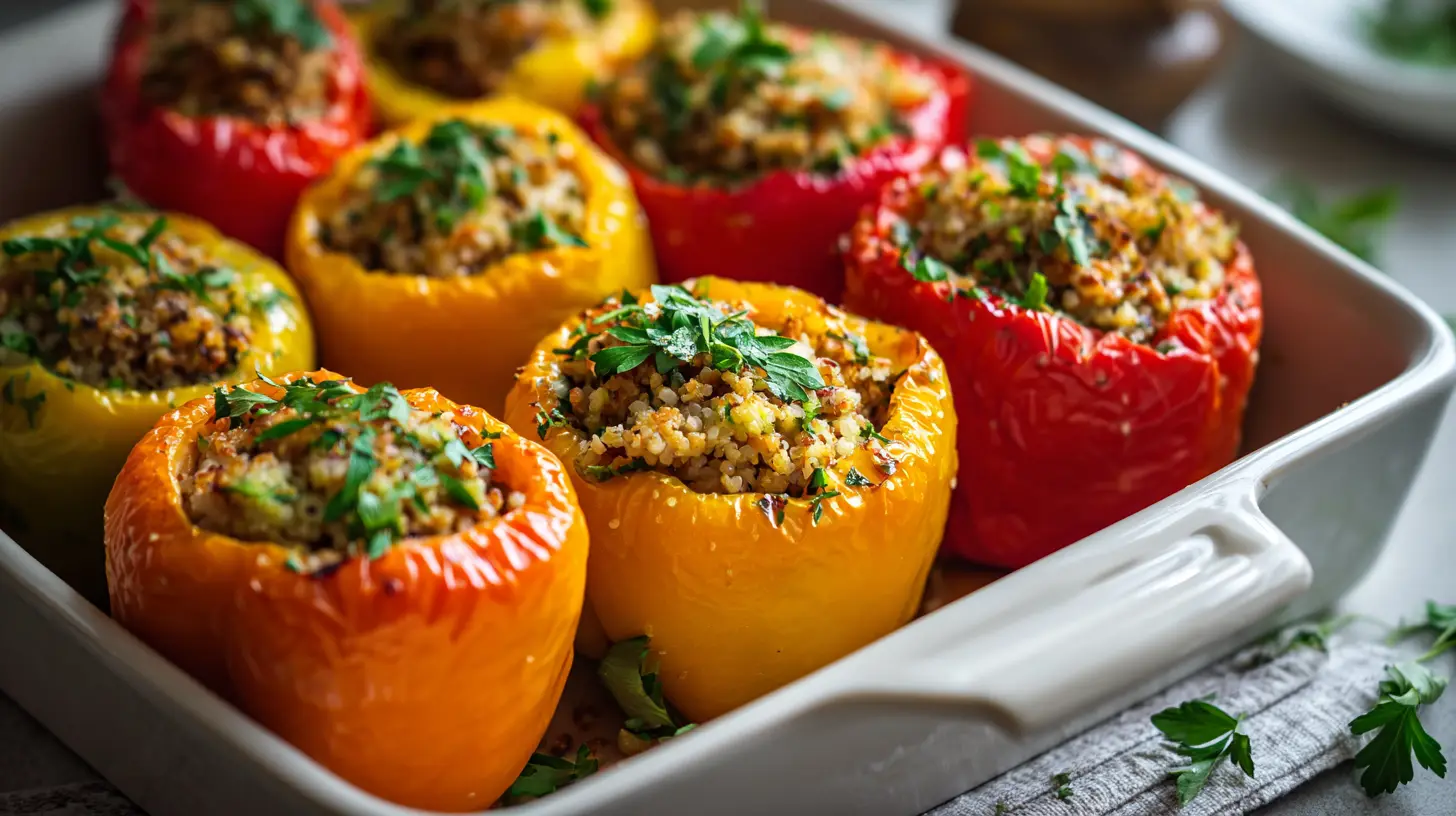 Colorful stuffed bell peppers filled with bulgur wheat and vegetables in white baking dish