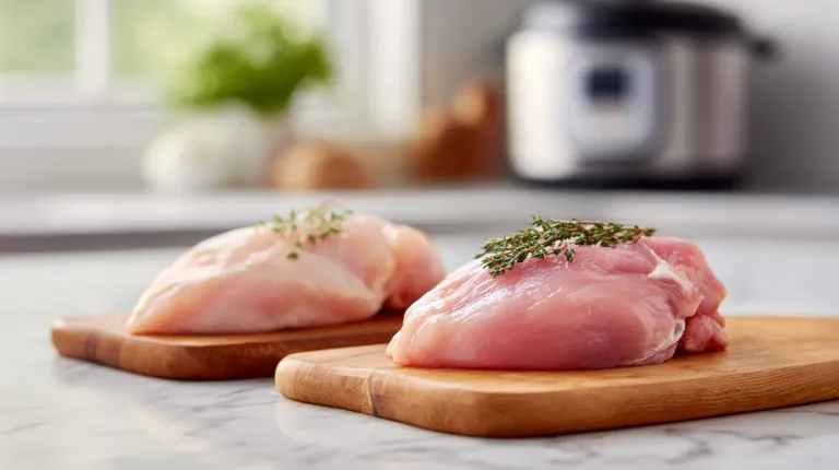 Raw chicken breast and chicken thigh side by side on wooden cutting board with slow cooker in background