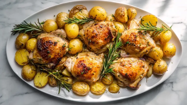 Chicken potato recipes featuring golden roasted chicken thighs with crispy potatoes and rosemary on white platter